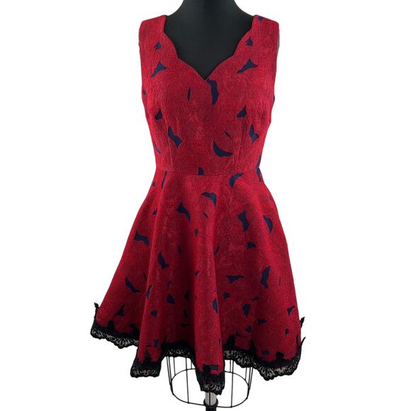 ALBERTO MAKALI Jacquard Fit & Flare Dress Red Blue Sleeveless Lace Trim Size 8 - Picture 1 of 12